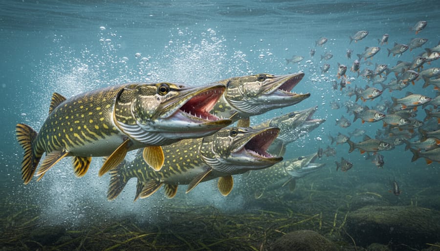 Northern pike breaking water surface showing teeth and predatory behavior