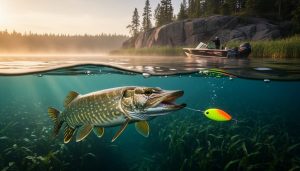Over-under photograph at sunrise showing a northern pike underwater lunging toward a chartreuse-orange spinnerbait on a wire leader near a cabbage-weed edge beside a boat; above the surface, granite shoreline and pine trees glow in golden light.