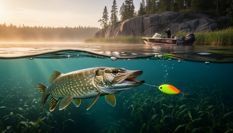 Over-under photograph at sunrise showing a northern pike underwater lunging toward a chartreuse-orange spinnerbait on a wire leader near a cabbage-weed edge beside a boat; above the surface, granite shoreline and pine trees glow in golden light.