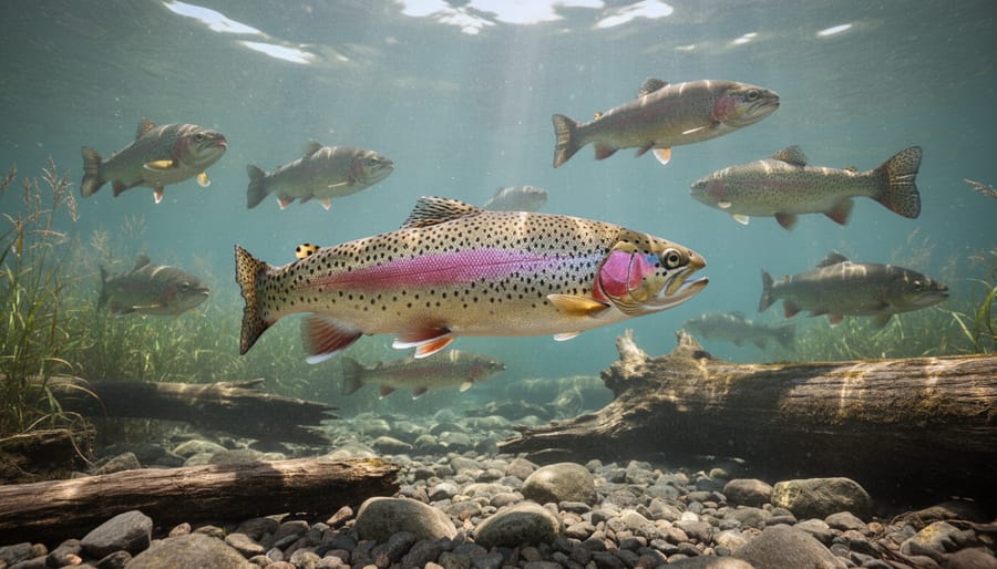 Rainbow trout swimming in clear stream water showing their distinctive spotted patterns