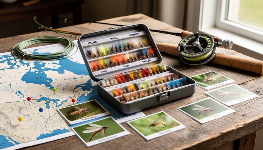 Assortment of trout fly fishing lures including nymphs and dry flies held in angler's hand