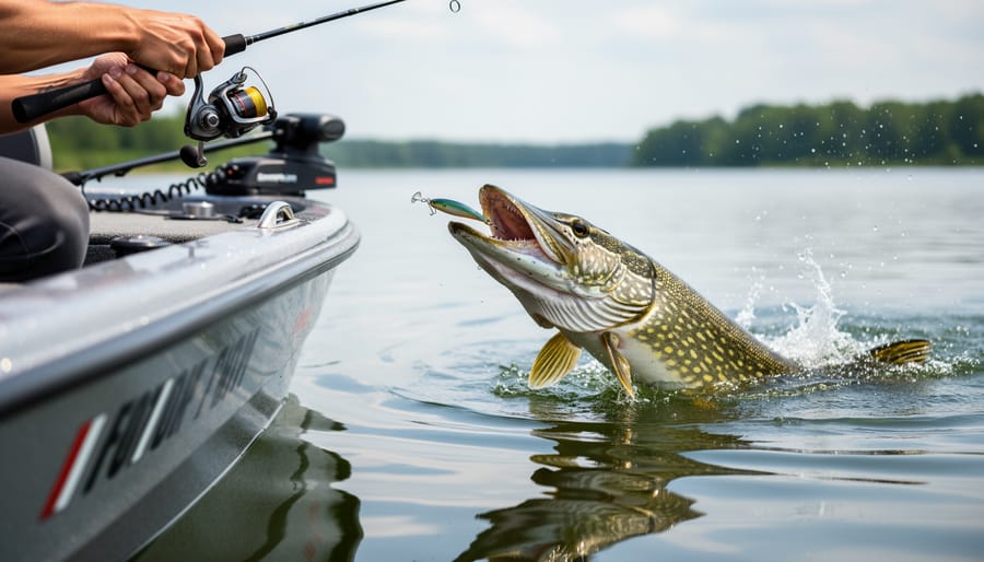 Angler performing figure-eight retrieve technique for pike at boat side