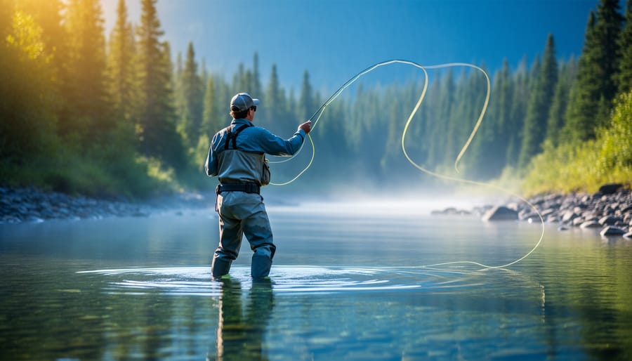 Angler in waders fly-casting at dawn on a clear Canadian stream, golden light from the left illuminating a looping fly line, with blurred evergreen forest and rocky banks in the background.