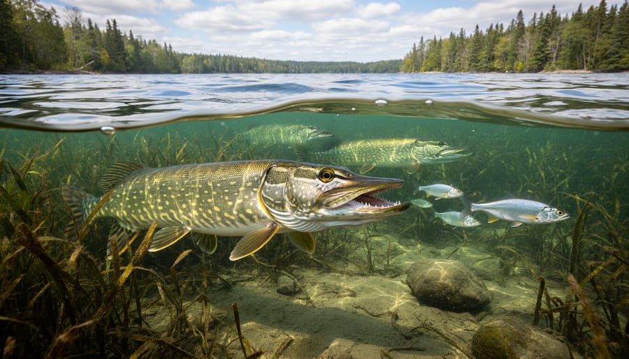 Aerial view of shallow weedy bay showing prime northern pike habitat