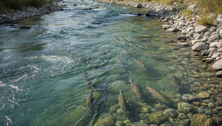 River current patterns showing eddy pools and feeding lanes around rocks where trout typically hold