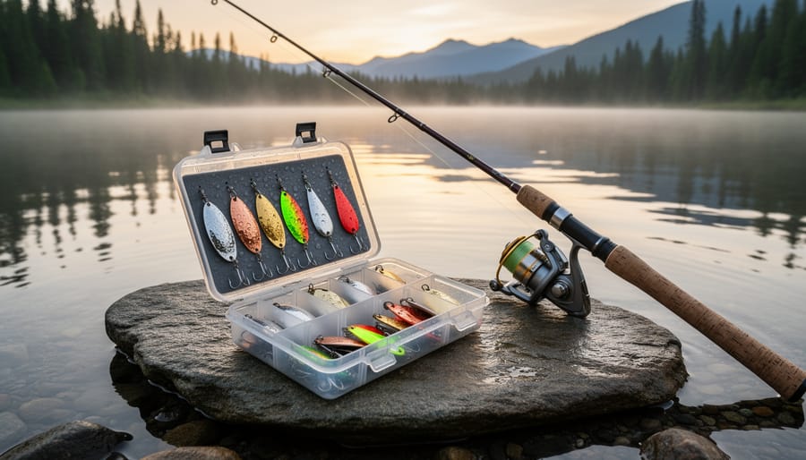 Fishing rod casting silver spinner lure over lake water during golden hour