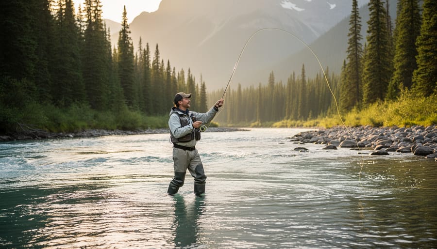 Beginner fly fisher holding a fly rod beside a Canadian river while checking the line.