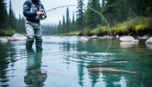 Beginner fly fisher casting a fly rod over a clear Alberta creek with trout visible near the water’s surface and soft reflections on the current.