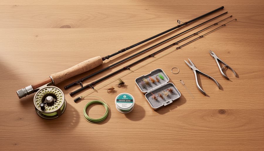 Beginner fly fishing gear laid out on a picnic table, including rod and reel, fly line, leader/tippet, and a foam fly box.