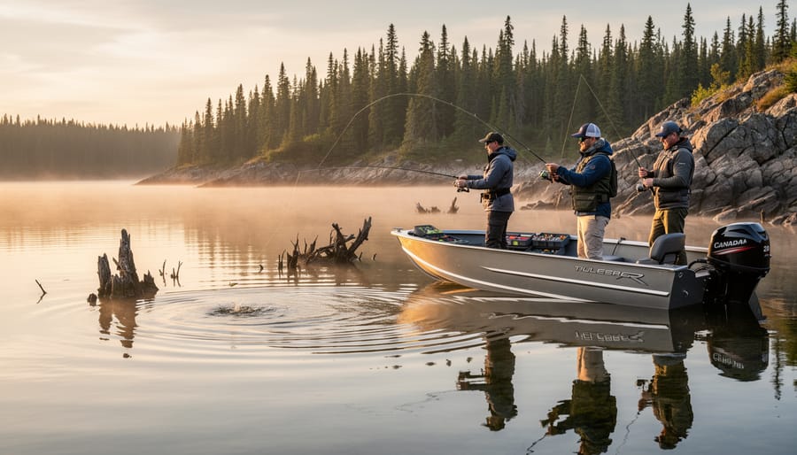 Anglers casting matched fly rods along a Canadian lake shore at golden hour.