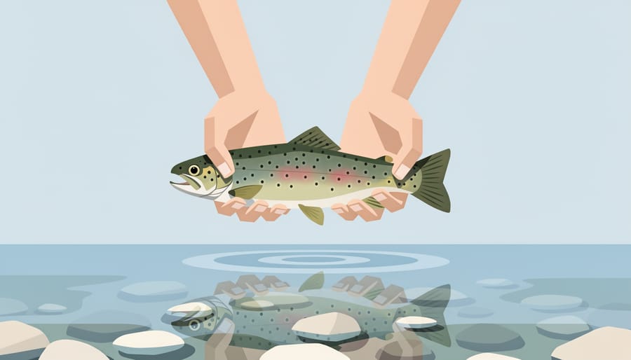 Close-up of trout held gently in wet conditions for catch-and-release.