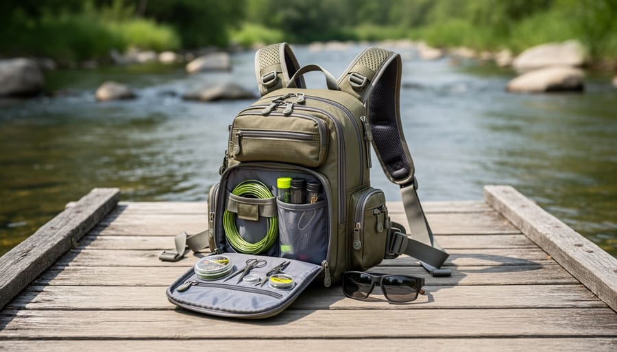 Chest pack backpack laid on a dock with wading boots and rain jacket nearby