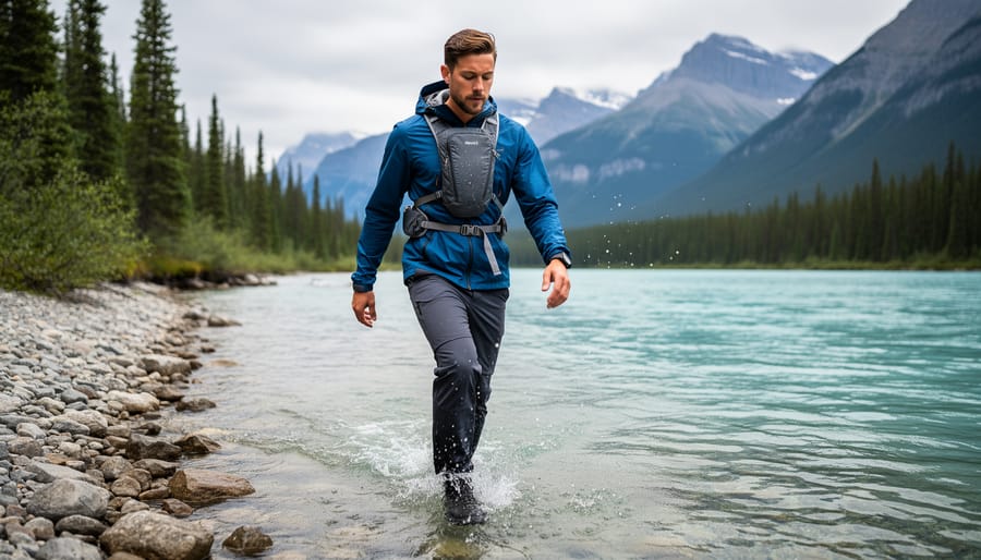 Fly fisher with a chest pack backpack stepping into a shallow rocky stream