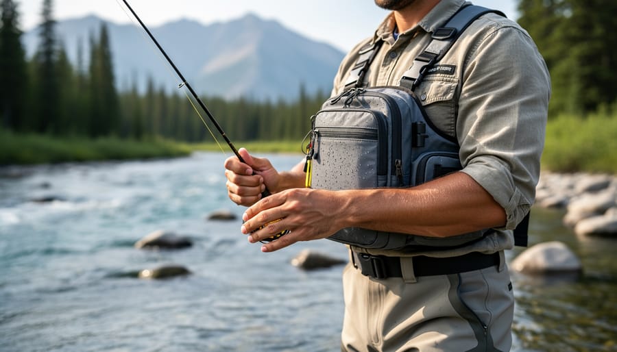 Fly fisher wearing a chest pack backpack on the bank of a clear Alberta river