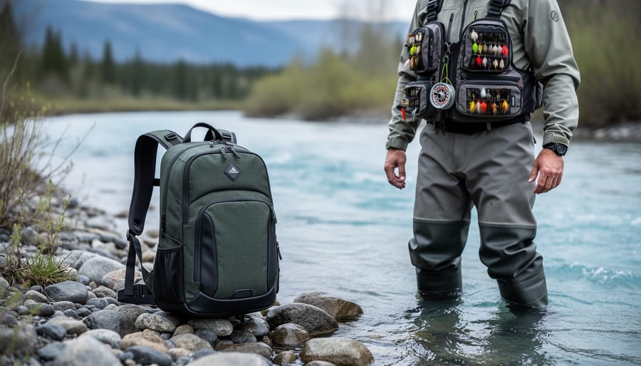 Hybrid fly-fishing chest pack backpack on a Canadian riverbank with chest-level fly tools and backpack storage visible beside flowing water