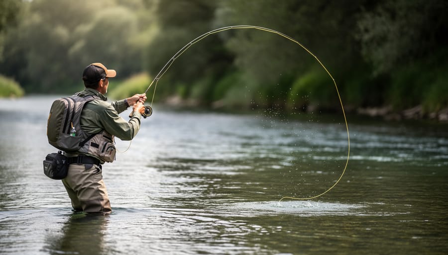 Fly line forming a casting loop above shallow river water during a cast.