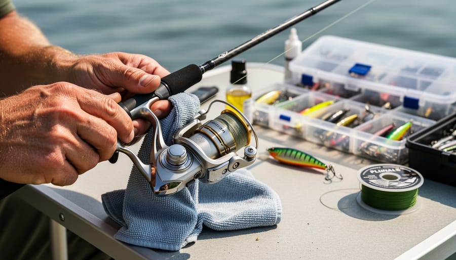 Close-up of a fly reel spool and drag area being cleaned with a microfiber cloth.
