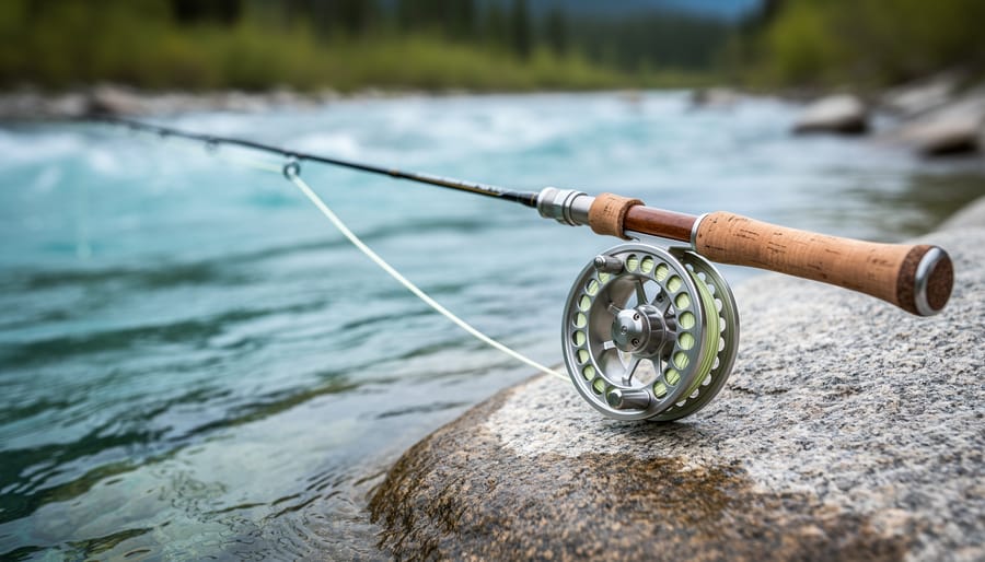 Matched fly fishing rod and reel resting on a riverbank with flowing water and a visible fly line curving into the current.
