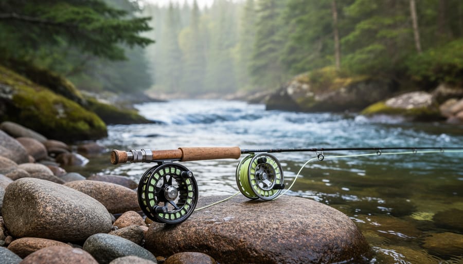 An angler’s hands open a gear case with a matched fly rod and reel beside a Northern Ontario stream.