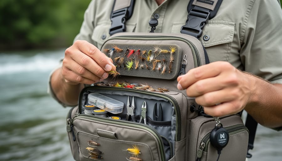 Close-up of an open fly fishing chest pack compartment with organized tackle