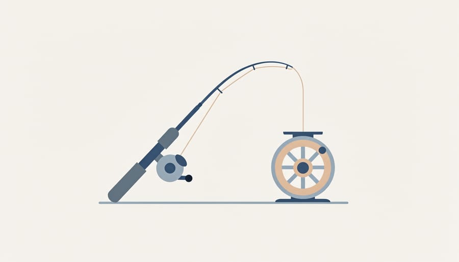 Close-up of a fly rod and reel held steady above moving river water to suggest proper balance.