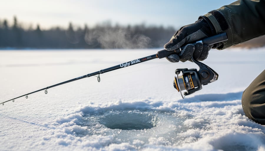 Ice angler holding an Ugly Stik ice fishing rod on a frozen Canadian lake near an ice fishing shelter