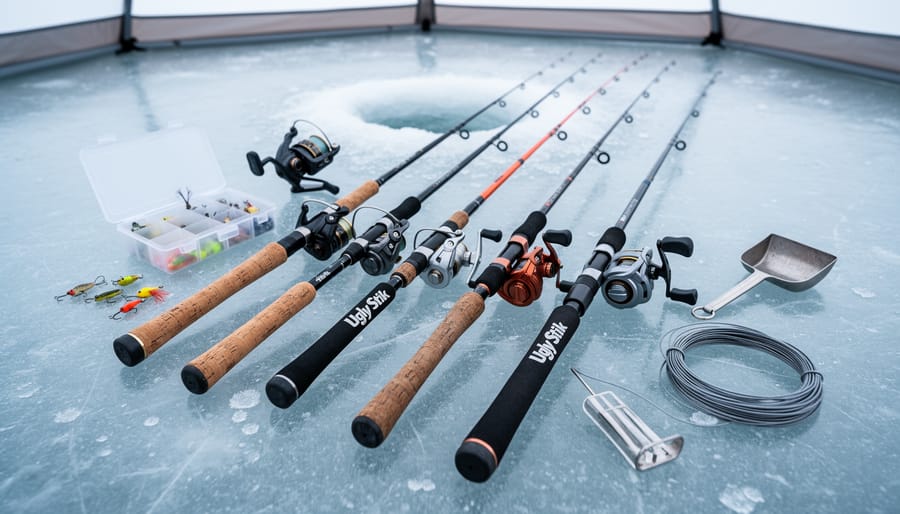 Ugly Stik ice fishing rods laid out next to tip-ups and tackle on a snowy dock