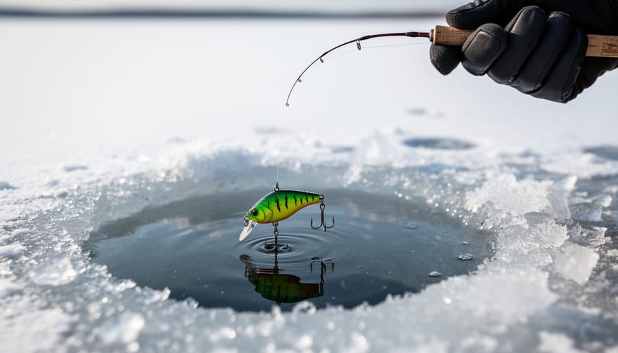 Close-up of an Ugly Stik ice fishing rod tip and jig lure positioned near an ice hole