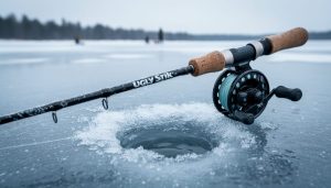 Ugly Stik ice fishing rod and reel resting on frozen ice beside a drilled fishing hole on a snowy Canadian lake.
