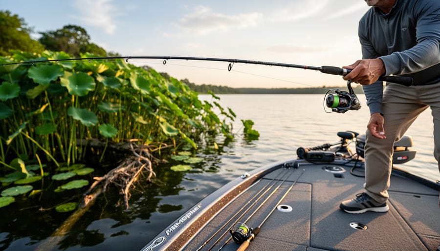Angler flipping a bait near heavy weeds in a lake with submerged cover