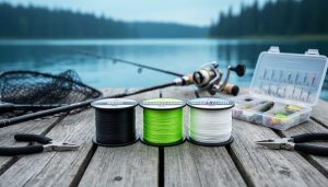 Fishing line spools for braid, fluorocarbon, and monofilament arranged on a wooden dock with a fishing rod and tackle gear beside them near a Canadian lake.