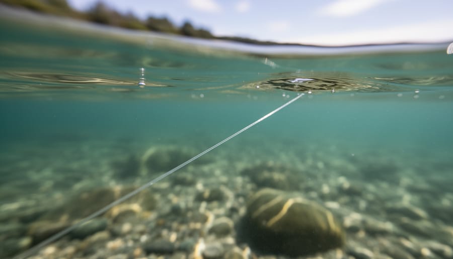Fluorocarbon fishing line visible just below the water surface in bright daylight