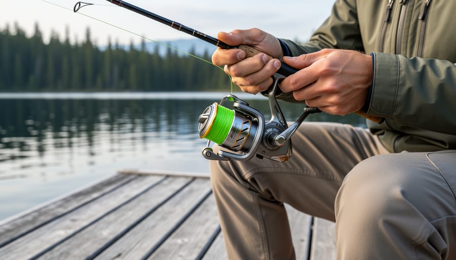 Hands spooling braided fishing line onto a spinning reel on a Canadian dock