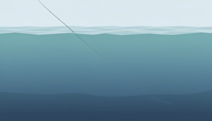 Thin fishing line extending into darker water to suggest a sinking braid presentation