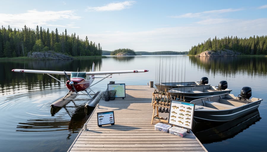 Angler standing on a remote dock near an Algoma fly-in lodge holding a fly rod