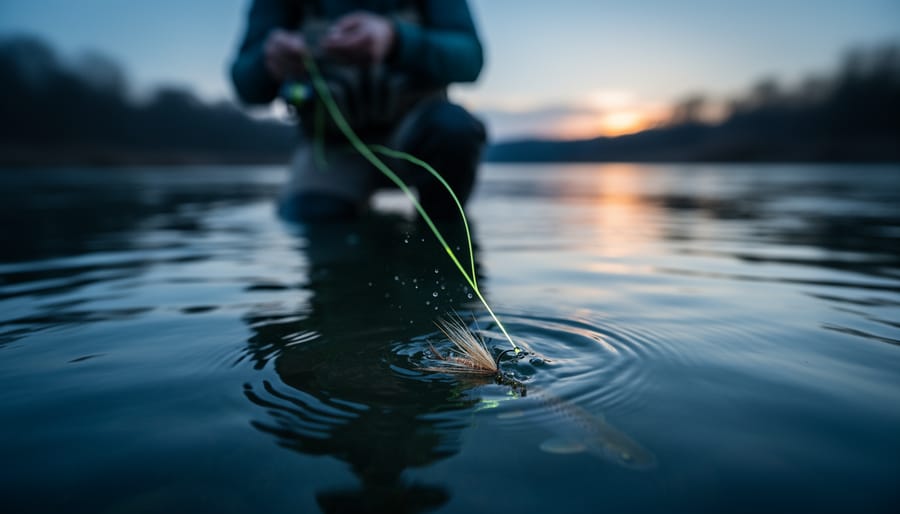 Angler fly-fishing at dusk on a Canadian river with a streamer cast toward dark water