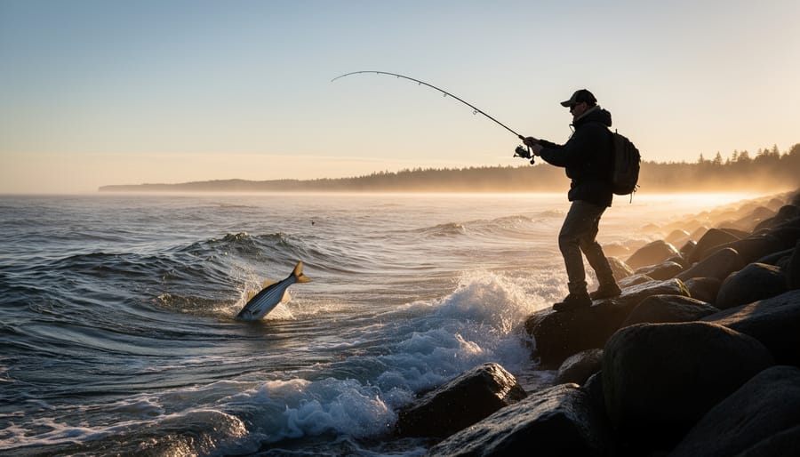 Angler casting a fishing rod from a tidal river bank at dusk with striped-bass shoreline habitat in the background