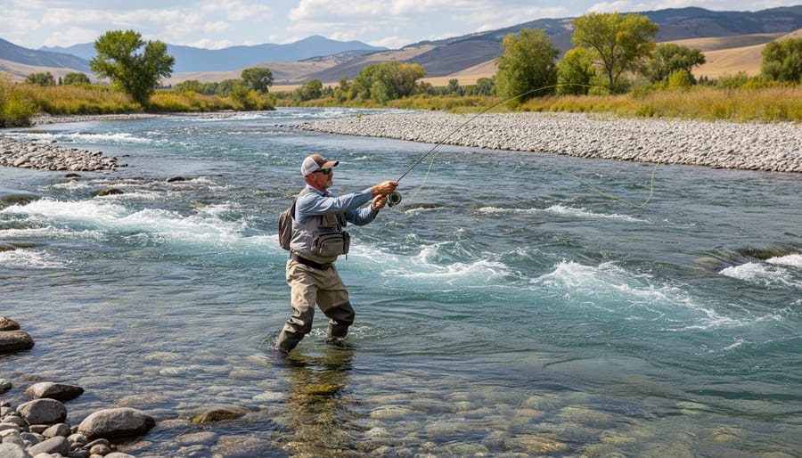 Angler wading into the Bow River current with fly rod in hand