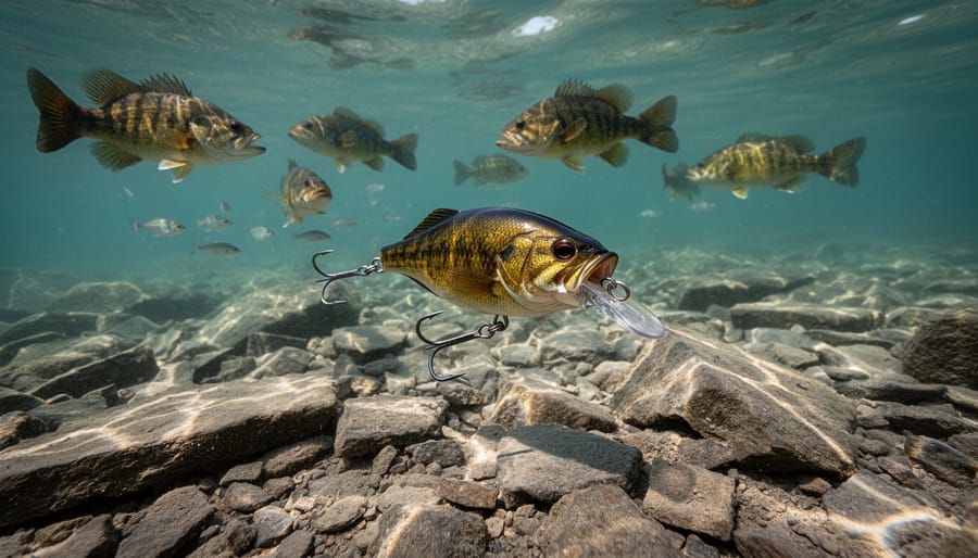 Berkley Dime 4 crankbait positioned over submerged rocks in a river setting