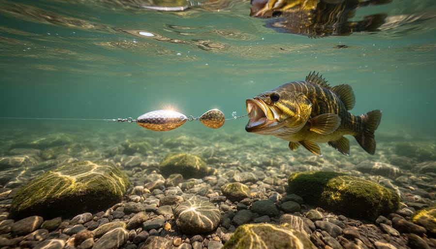 Booyah Blade spinnerbait with flashing blades near rocky shoreline structure