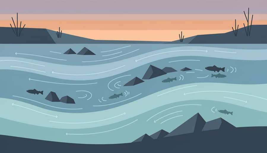Dusk view of the Bow River with stones and ripples along the bank suggesting fishing lanes