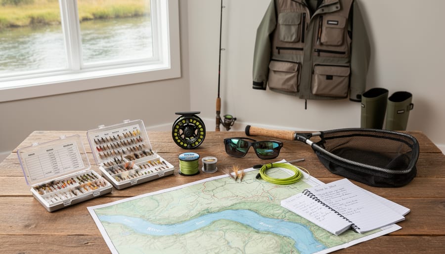 Fly fishing gear arranged on a river rock beside flowing water, including fly line, reel, and fly boxes.