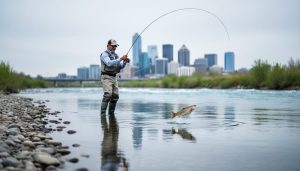 A fly fisherman casting on the Bow River near Calgary with a trout rising beneath the water surface and the downtown skyline blurred in the background.