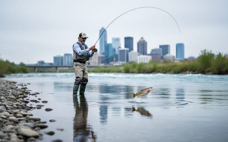 A fly fisherman casting on the Bow River near Calgary with a trout rising beneath the water surface and the downtown skyline blurred in the background.