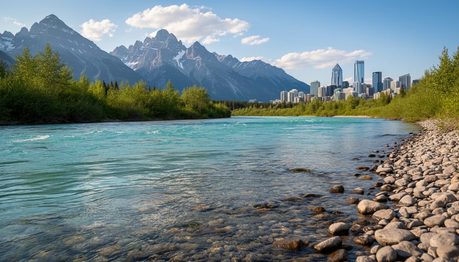 A fly fisher stands in the Bow River near rocky water with mountains and Calgary in the background.