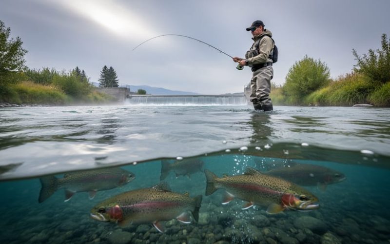“An angler in chest waders fly fishing in the crystal-clear Bow River near a current seam, with a rainbow trout visible under the water’s surface.”