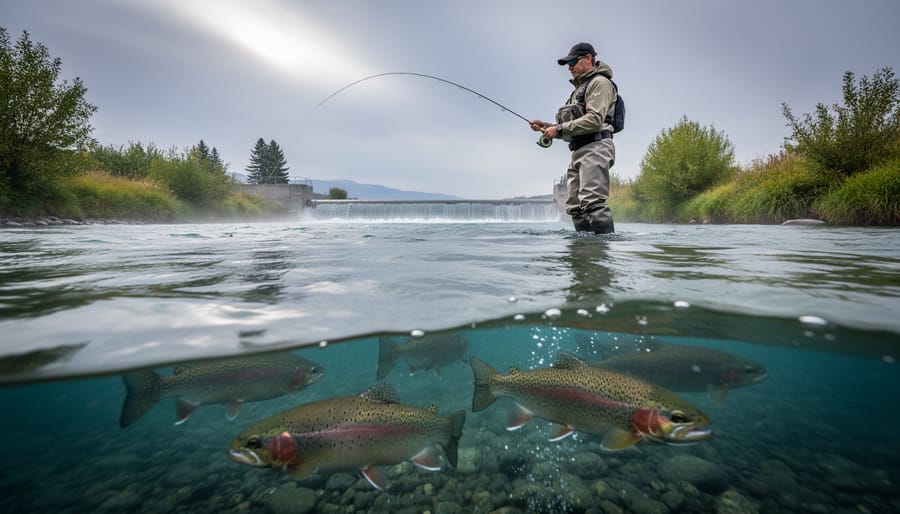 “An angler in chest waders fly fishing in the crystal-clear Bow River near a current seam, with a rainbow trout visible under the water’s surface.”