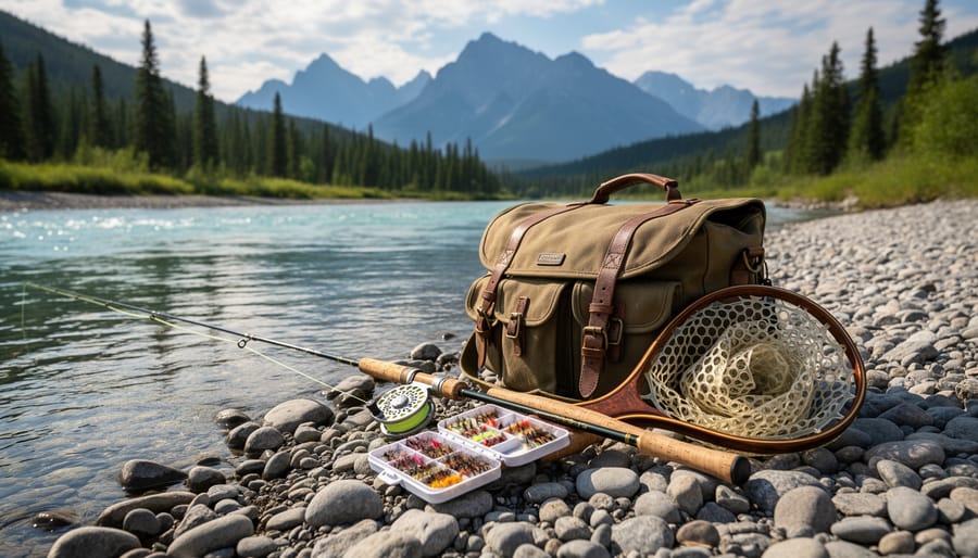Fly rod and reel with flies and tippet on a bench beside the Bow River