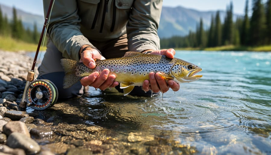 Close-up of a trout held over the Bow River in wet hands
