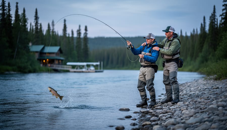 A fly fishing guide and beginner casting on a remote Canadian riverbank at dusk, with evergreen forest and lodge shoreline in the background.